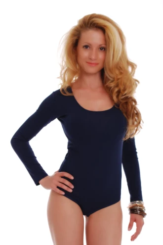 Long-sleeve cotton-blend bodysuit with thong cut and breathable fabric for daily wear under clothing.