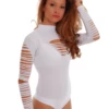 Long-sleeve cotton bodysuit by Tiara Galiano, covered at the neck and arms, smooth under knitwear or a blazer.