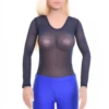Long-sleeve dark blue mesh bodysuit by Tiara Galiano, layered under an open shirt or worn with denim.
