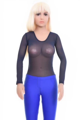 Long-sleeve dark blue mesh bodysuit by Tiara Galiano, layered under an open shirt or worn with denim.