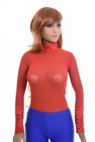 Long-sleeve lace bodysuit by Tiara Galiano in a bold red, worn under an open blazer or sheer shirt.