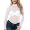 Long-sleeve mesh bodysuit by Tiara Galiano with polo-style shape and covered shoulders and arms.