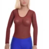 Long-sleeve mesh bodysuit by Tiara Galiano with scoop neck and hook-and-eye fastening, easy to layer.