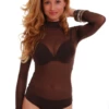 Long-sleeve mesh bodysuit by Tiara Galiano with mock neck and hook-and-eye fastening, easy to layer.