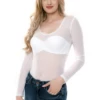Long-sleeve mesh bodysuit by Tiara Galiano with scoop neck and hook-and-eye fastening, easy to layer.