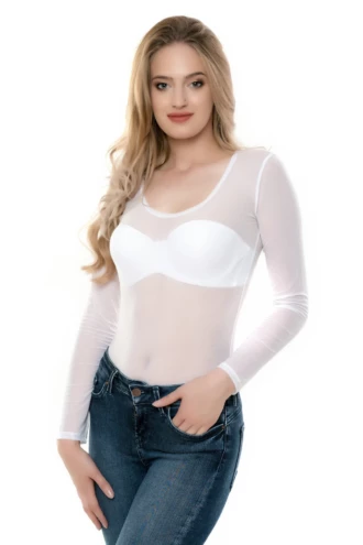 Long-sleeve mesh bodysuit by Tiara Galiano with scoop neck and hook-and-eye fastening, easy to layer.