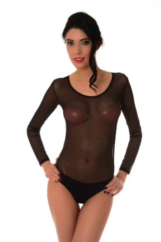 Long-sleeve mesh bodysuit by Tiara Galiano with scoop neck and hook-and-eye fastening, easy to layer.