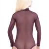 Long-sleeve mesh bodysuit by Tiara Galiano with mock neck and hook-and-eye fastening, easy to layer.