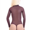 Long-sleeve mesh bodysuit by Tiara Galiano with mock neck and hook-and-eye fastening, easy to layer.