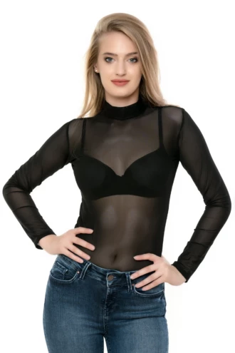 Long-sleeve mesh bodysuit by Tiara Galiano with mock neck and hook-and-eye fastening, easy to layer.