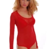 Long-sleeve mesh bodysuit by Tiara Galiano with covered arms and an open scoop neck, a light everyday layer.