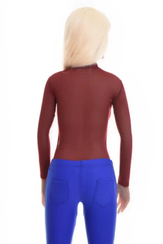 Long-sleeve mesh bodysuit by Tiara Galiano with mock neck and hook-and-eye fastening, easy to layer.