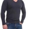 Breathable cotton men's long-sleeve V-neck tee worn smoothly under an open-collar shirt.
