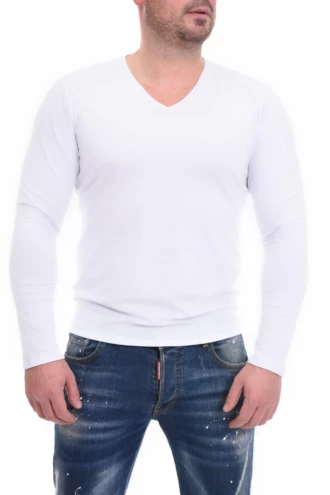 Breathable cotton men's long-sleeve top with a V-neckline that stays out of sight under an open collar.