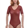 Mesh bodysuit with scoop neck and short sleeves, a smooth base layer with brazilian coverage.