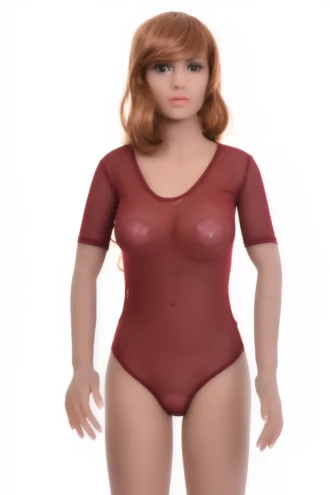 Mesh bodysuit with scoop neck and short sleeves, a smooth base layer with brazilian coverage.