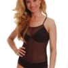 Mesh bodysuit with scoop neck and bikini cut, fine and light for easy everyday coverage.