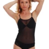 Fine mesh bodysuit with scoop neck and bikini cut, lightweight and breathable for daily wear.