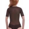 Short-sleeve mesh bodysuit with scoop neck and brazilian back, smooth and close to the body.