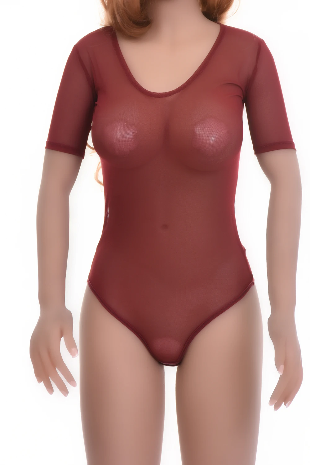 Lightweight mesh bodysuit with scoop neck and short sleeves, sitting close for smooth layering.