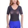 Lightweight mesh bodysuit with scoop neck and short sleeves, an everyday piece worn alone or layered.