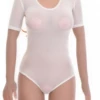 Mesh bodysuit with scoop neck and short sleeves, light enough for a smooth line under clothing.