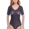 Lightweight mesh bodysuit with scoop neck and short sleeves, a soft everyday base under clothes.