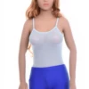 Fine mesh bodysuit with scoop neck and spaghetti straps, light and breathable for layering.