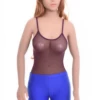 Mesh bodysuit with scoop neck and spaghetti straps, sitting close for a smooth line under clothing.