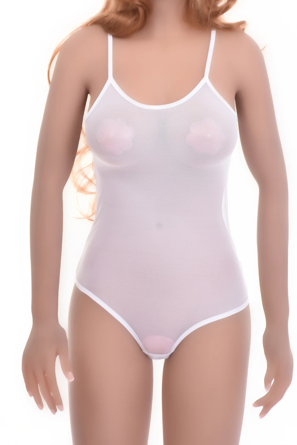 Fine mesh bodysuit with scoop neck and thin straps, light and breathable for daily layering.