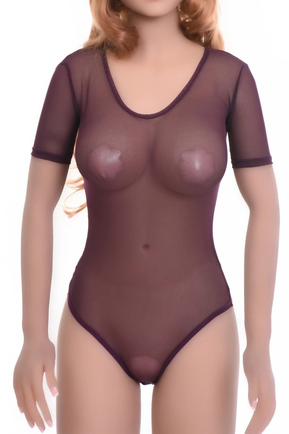Lightweight breathable mesh bodysuit with short sleeves and a brazilian cut for a smooth line under clothes.