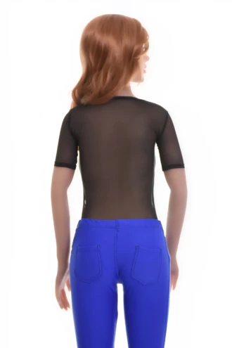 Mesh bodysuit with short sleeves and brazilian back, sitting close for a smooth everyday line.
