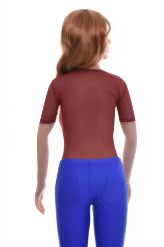 Fine mesh bodysuit with short sleeves and brazilian back that sits close for a smooth line under clothing.