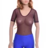 Lightweight mesh bodysuit with short sleeves, a versatile everyday base layer with brazilian coverage.