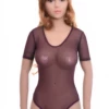Short-sleeve mesh bodysuit with brazilian cut and a hook-and-eye fastening for a secure, smooth fit.