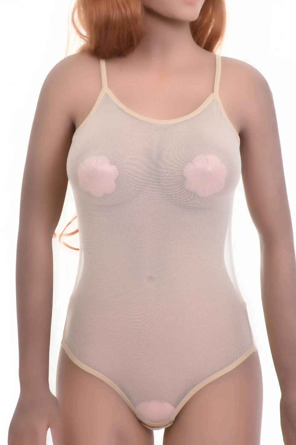 Sleeveless mesh bodysuit with spaghetti straps, a smooth close base worn alone or layered.