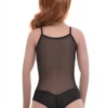 Sleeveless mesh bodysuit with spaghetti straps, sitting close for a smooth line under clothing.
