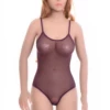 Sleeveless mesh bodysuit with slim straps and hook-and-eye fastening, secure for daily wear.