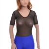 Fine mesh bodysuit in a t-shirt silhouette with scoop neck and brazilian cut, light to layer.