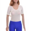 Fine mesh bodysuit in a t-shirt cut with scoop neck, smooth and close for layering under clothes.
