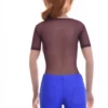 Fine mesh bodysuit in a t-shirt silhouette with scoop neck and brazilian back, easy to layer or wear alone.