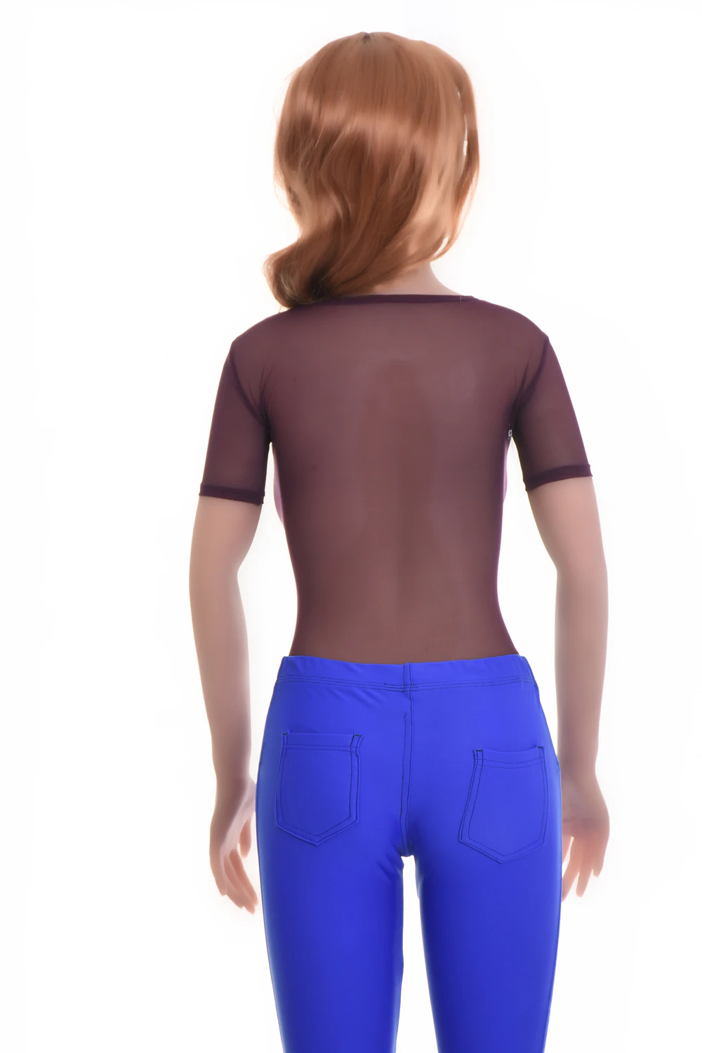 Fine mesh bodysuit in a t-shirt silhouette with scoop neck and brazilian back, easy to layer or wear alone.