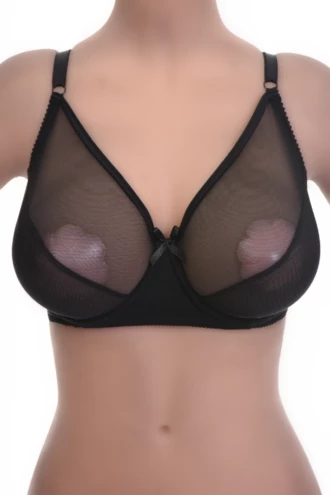 Delicate everyday mesh bra with soft unpadded cups and a plain neckline, light and sheer on the skin.
