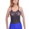 Sleeveless mesh tank bodysuit with thin straps and hook-and-eye fastening, secure and smooth.