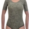 Microfiber bodysuit in a soft tonal olive mottling, a smooth close-fitting everyday layer.