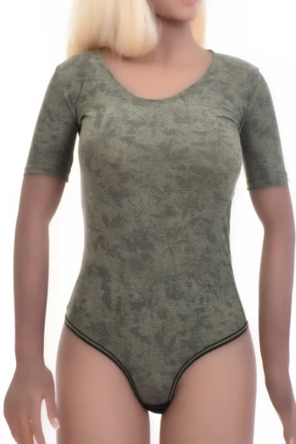 Microfiber bodysuit in a soft tonal olive mottling, a smooth close-fitting everyday layer.