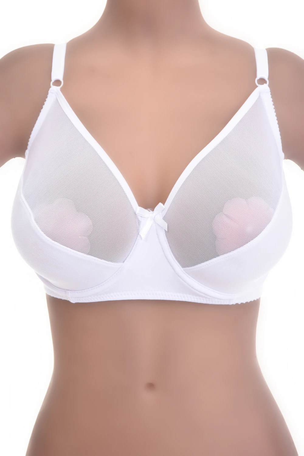Microfiber and mesh soft-cup bra with unpadded cups and sheer mesh trim, keeping a clean line under tops.