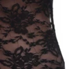 Minimal strappy black lace bodysuit with scoop neckline and hook-and-eye closure for a clean line.