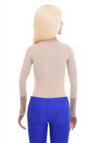 Mock-neck beige mesh bodysuit with lace cuffs and hook-and-eye closure, a light close everyday layer.