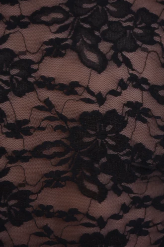 Mock-neck black lace bodysuit with short sleeves and thong back, a delicate close-fitting occasion piece.
